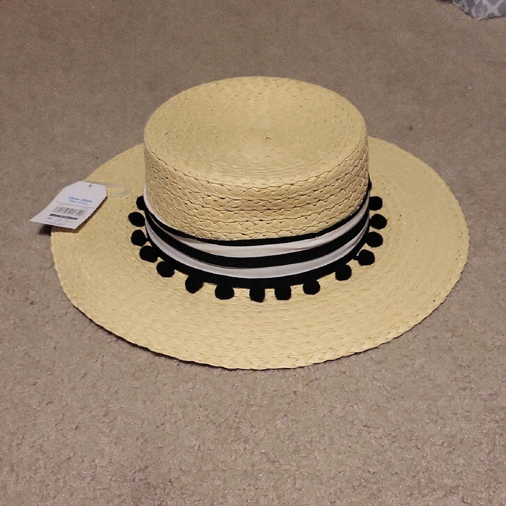 Straw Sun Hat with Black Pom Trim and Striped Band